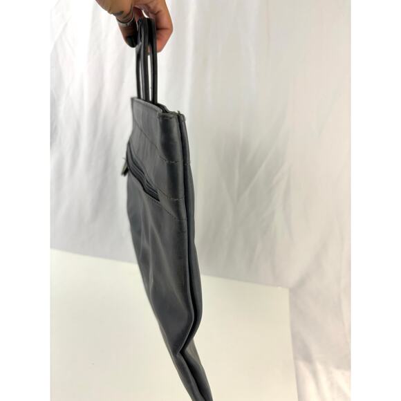 Vintage 90s Minimalist Gray-Blue Leather Structured Tote Work Bag YKK Zip - Picture 9 of 16